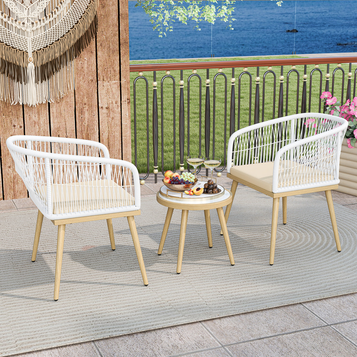 3-Piece PE Wicker Outdoor Bistro Set - White