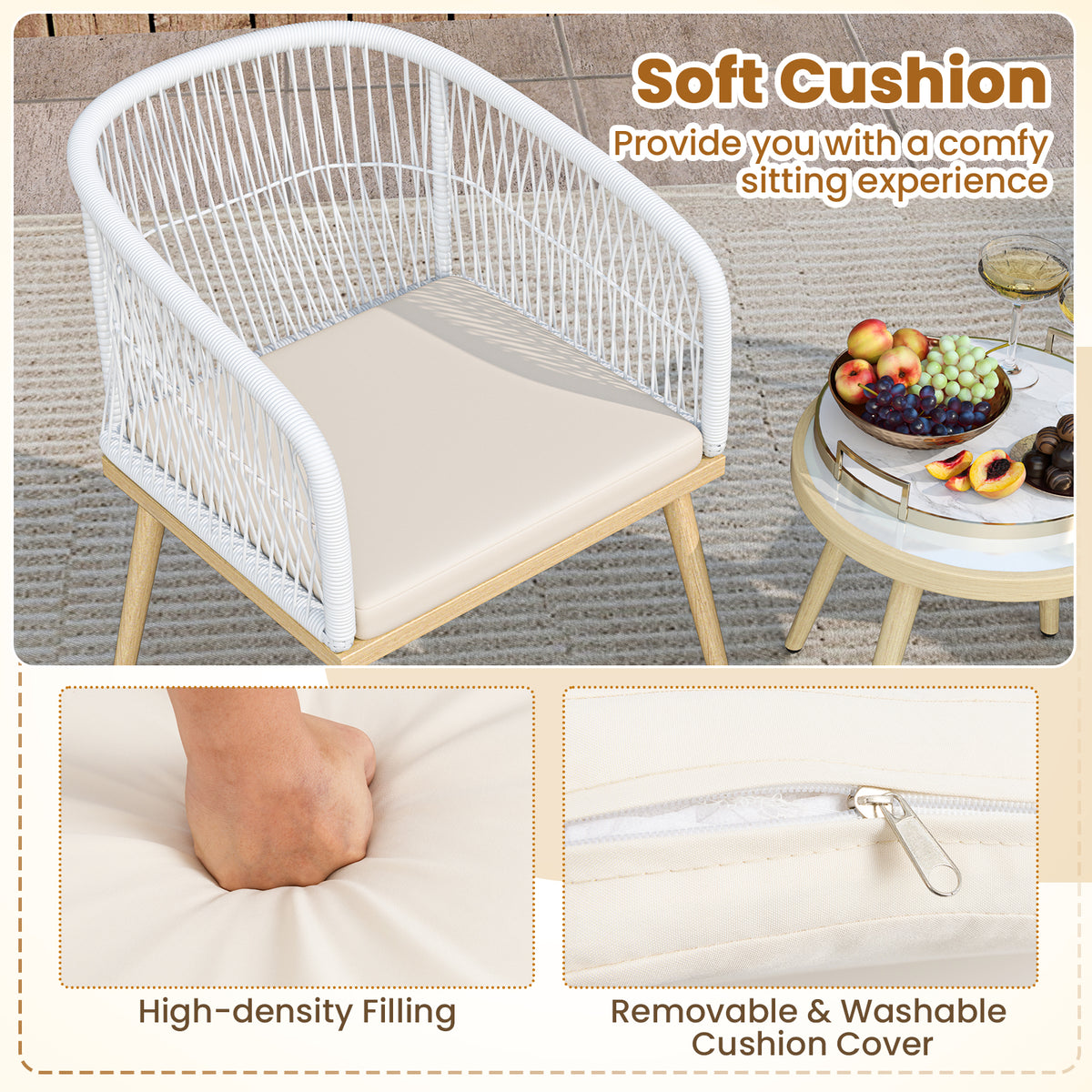 3-Piece PE Wicker Outdoor Bistro Set - White