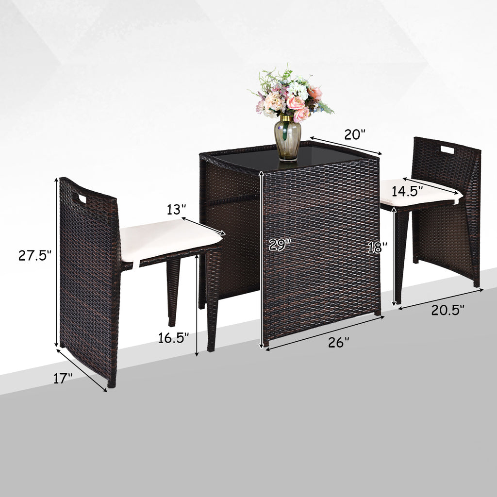 3-Piece Cushioned Wicker Patio Bistro Set