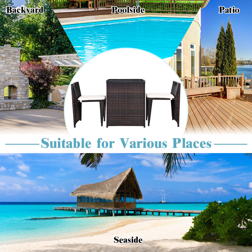 3-Piece Cushioned Wicker Patio Bistro Set