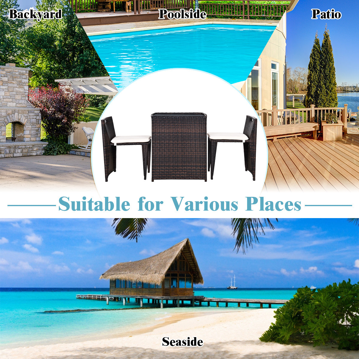 3-Piece Cushioned Wicker Patio Bistro Set
