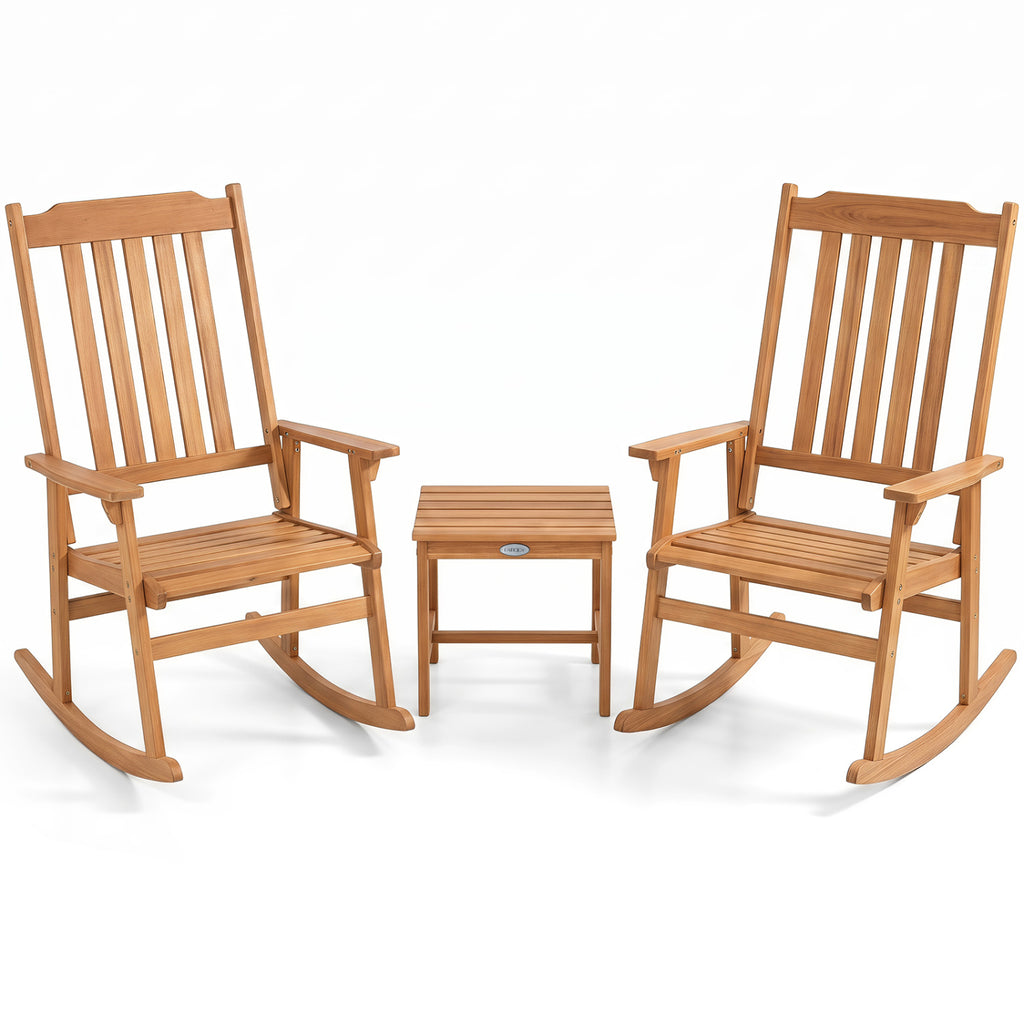 3 Pieces Eucalyptus Rocking Chair Set with Coffee Table