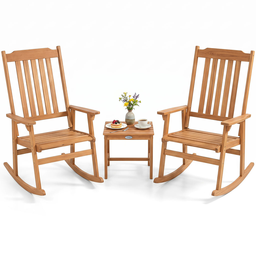 3 Pieces Eucalyptus Rocking Chair Set with Coffee Table