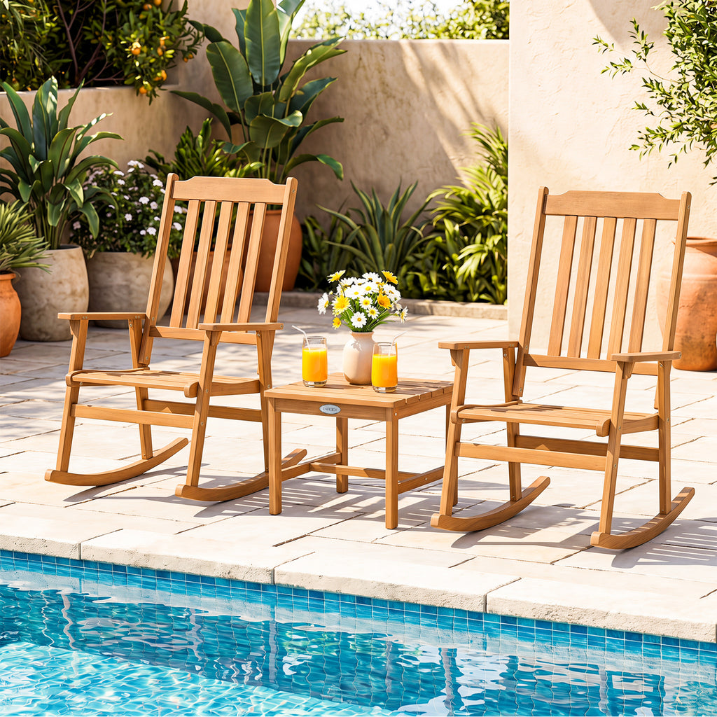 3 Pieces Eucalyptus Rocking Chair Set with Coffee Table
