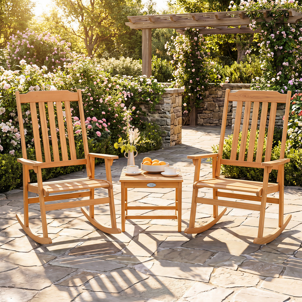 3 Pieces Eucalyptus Rocking Chair Set with Coffee Table