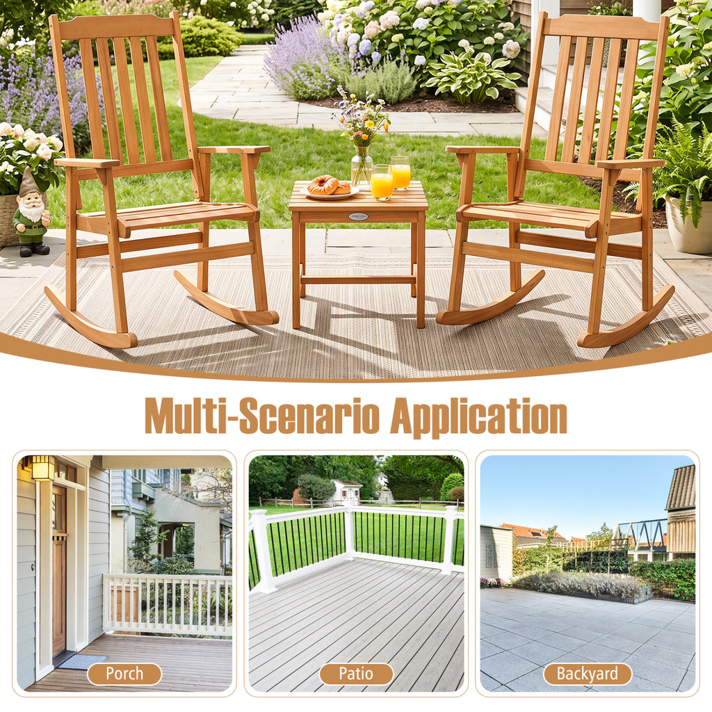 3 Pieces Eucalyptus Rocking Chair Set with Coffee Table