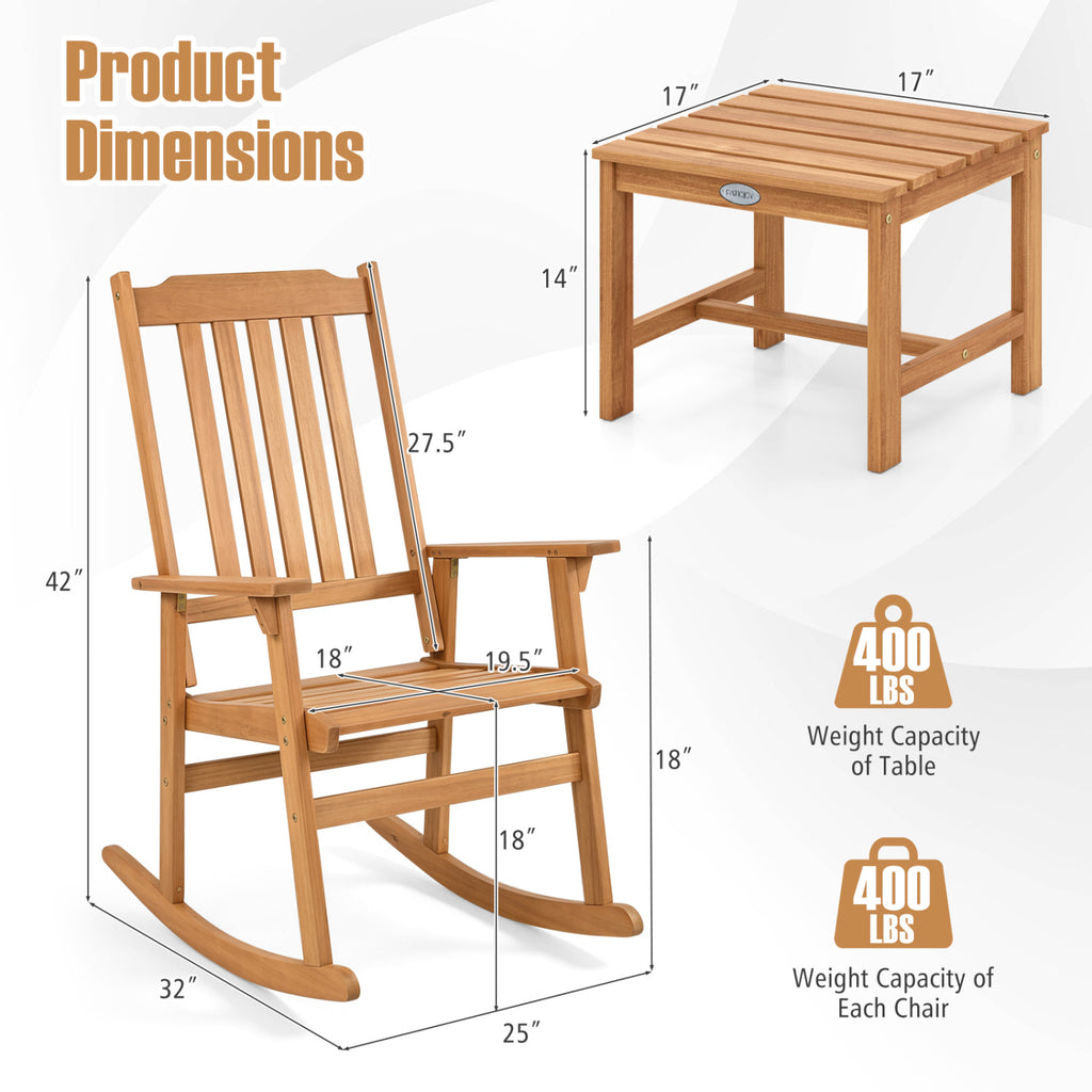 3 Pieces Eucalyptus Rocking Chair Set with Coffee Table
