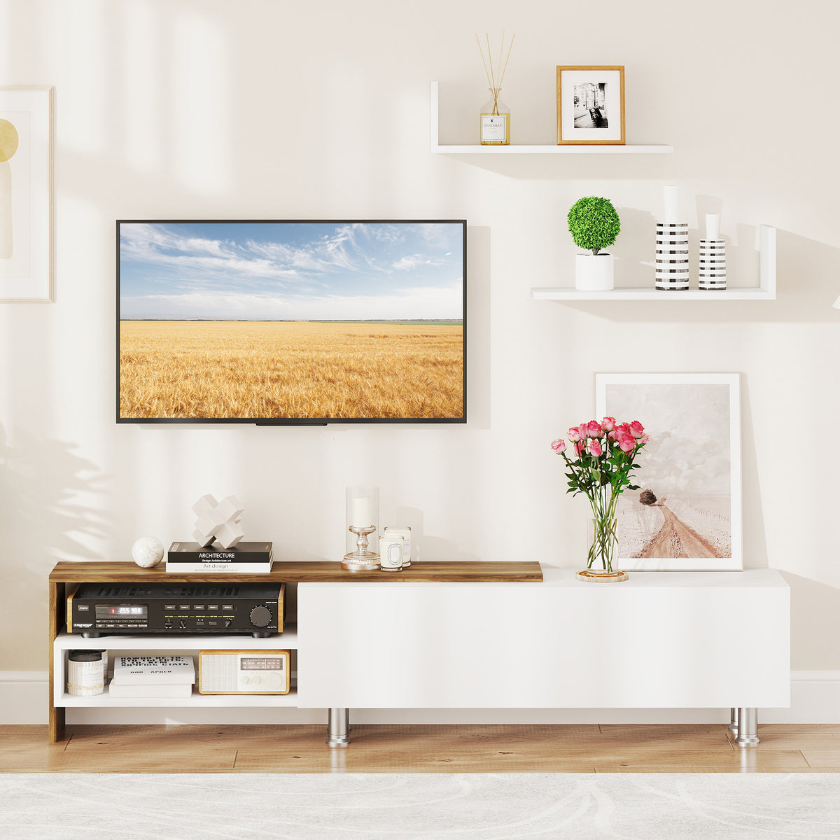 Farmhouse TV Stand for TVs up to 80 Inch with Storage – White