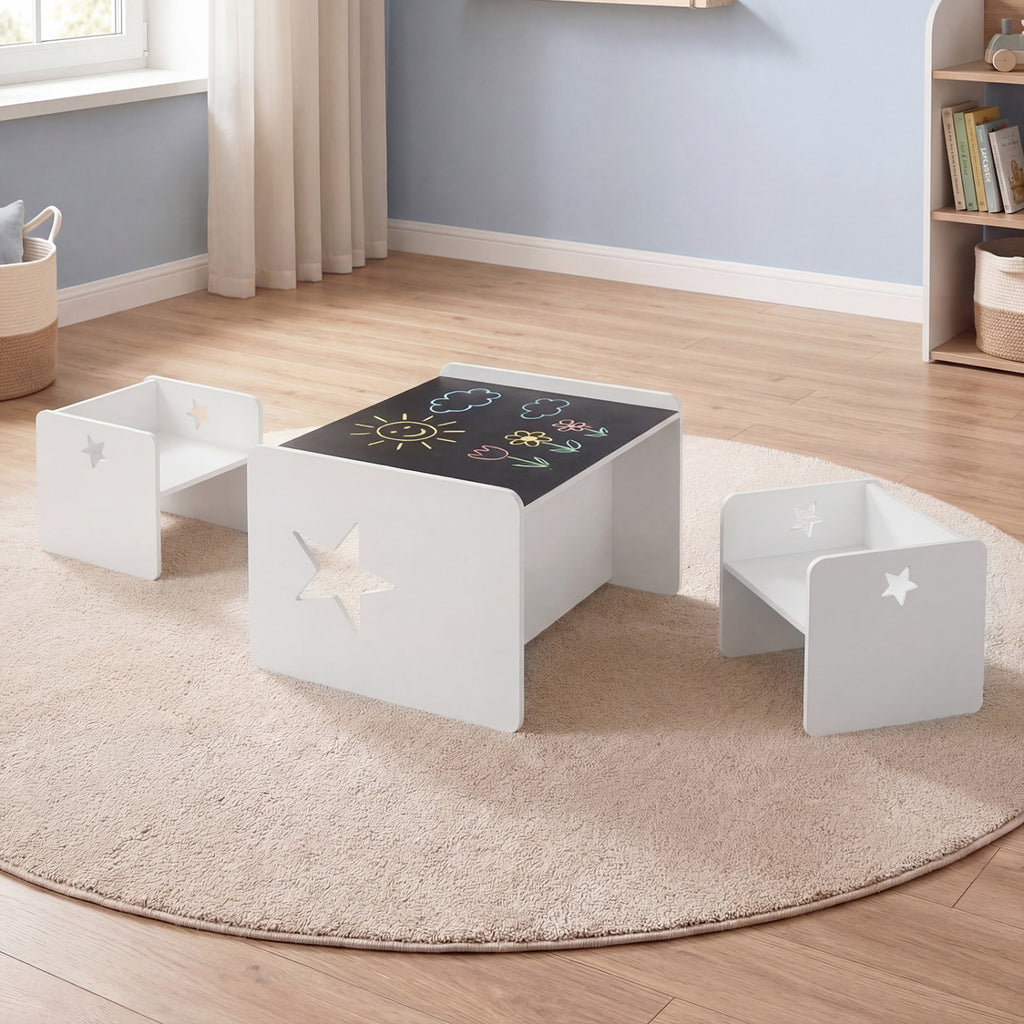 Kids Table and Chair Set with Chalkboard - Space-Saving Toddler Furniture, White, 3 Pieces