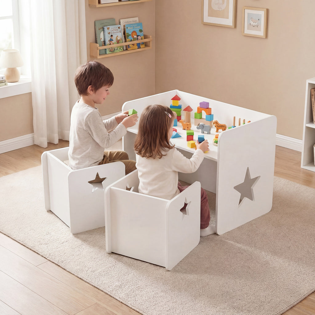 Kids Table and Chair Set with Chalkboard - Space-Saving Toddler Furniture, White, 3 Pieces