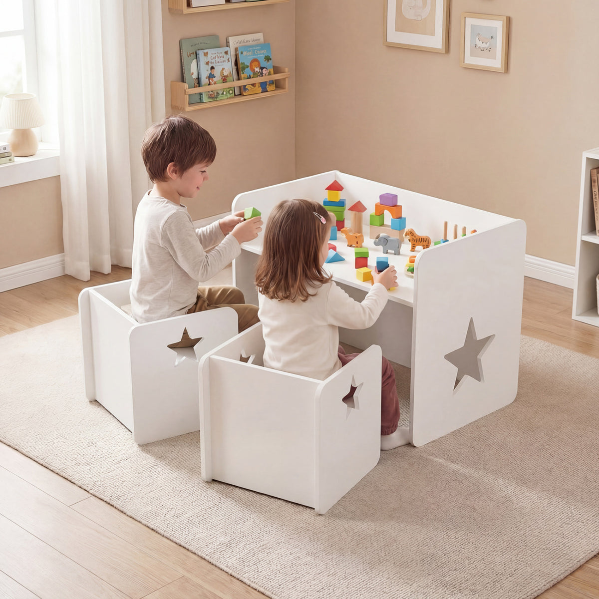 Kids Table and Chair Set with Chalkboard - Space-Saving Toddler Furniture, White, 3 Pieces