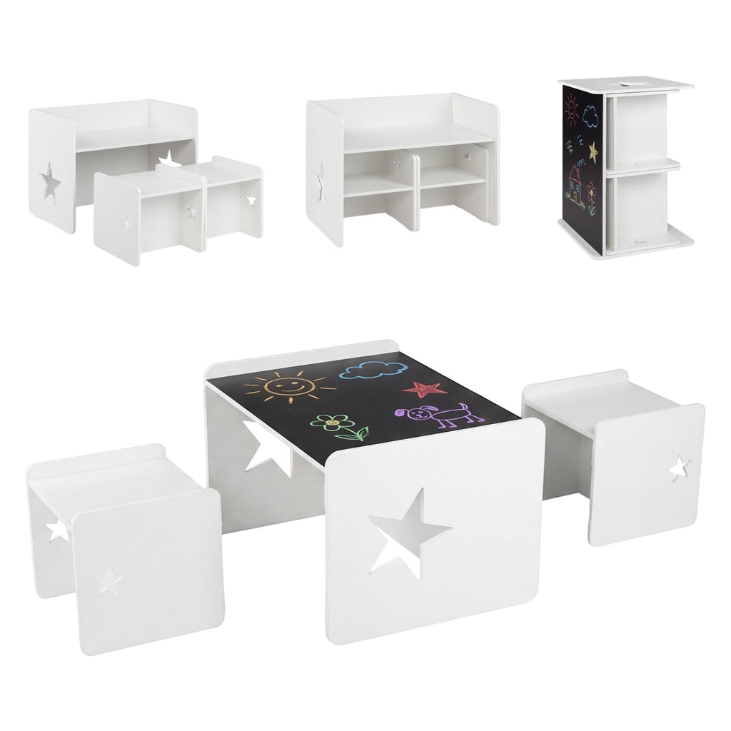 Kids Table and Chair Set with Chalkboard - Space-Saving Toddler Furniture, White, 3 Pieces