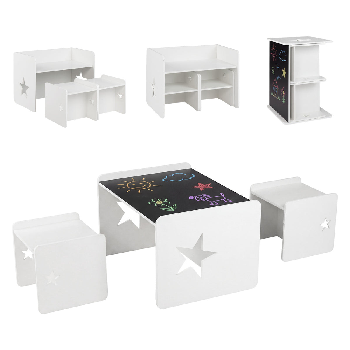 Kids Table and Chair Set with Chalkboard - Space-Saving Toddler Furniture, White, 3 Pieces