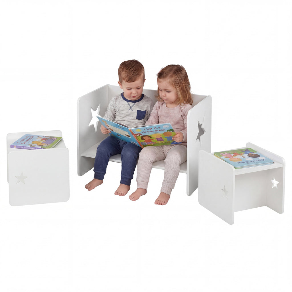 Kids Table and Chair Set with Chalkboard - Space-Saving Toddler Furniture, White, 3 Pieces