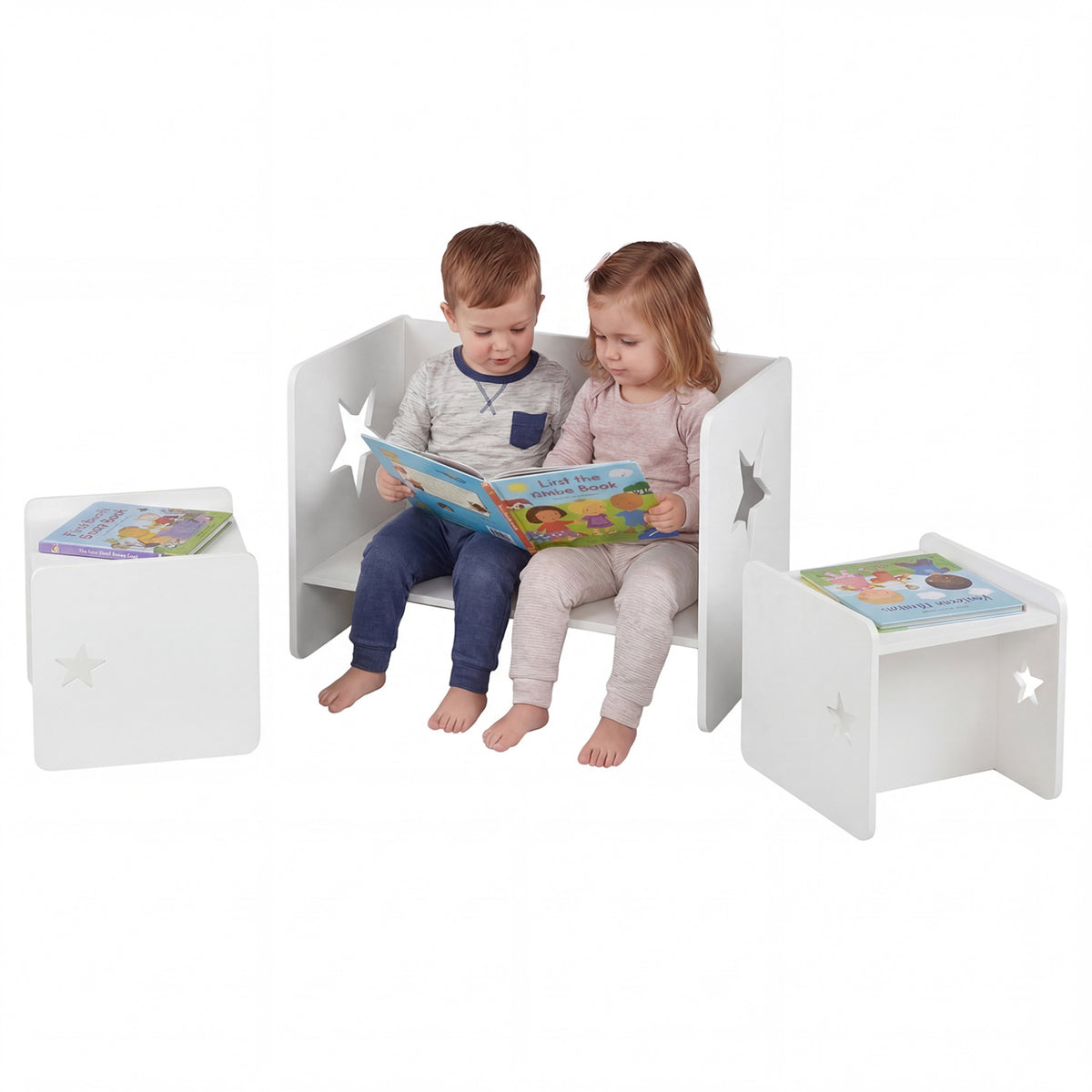 Kids Table and Chair Set with Chalkboard - Space-Saving Toddler Furniture, White, 3 Pieces
