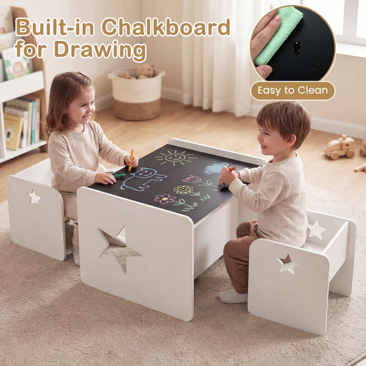 Kids Table and Chair Set with Chalkboard - Space-Saving Toddler Furniture, White, 3 Pieces