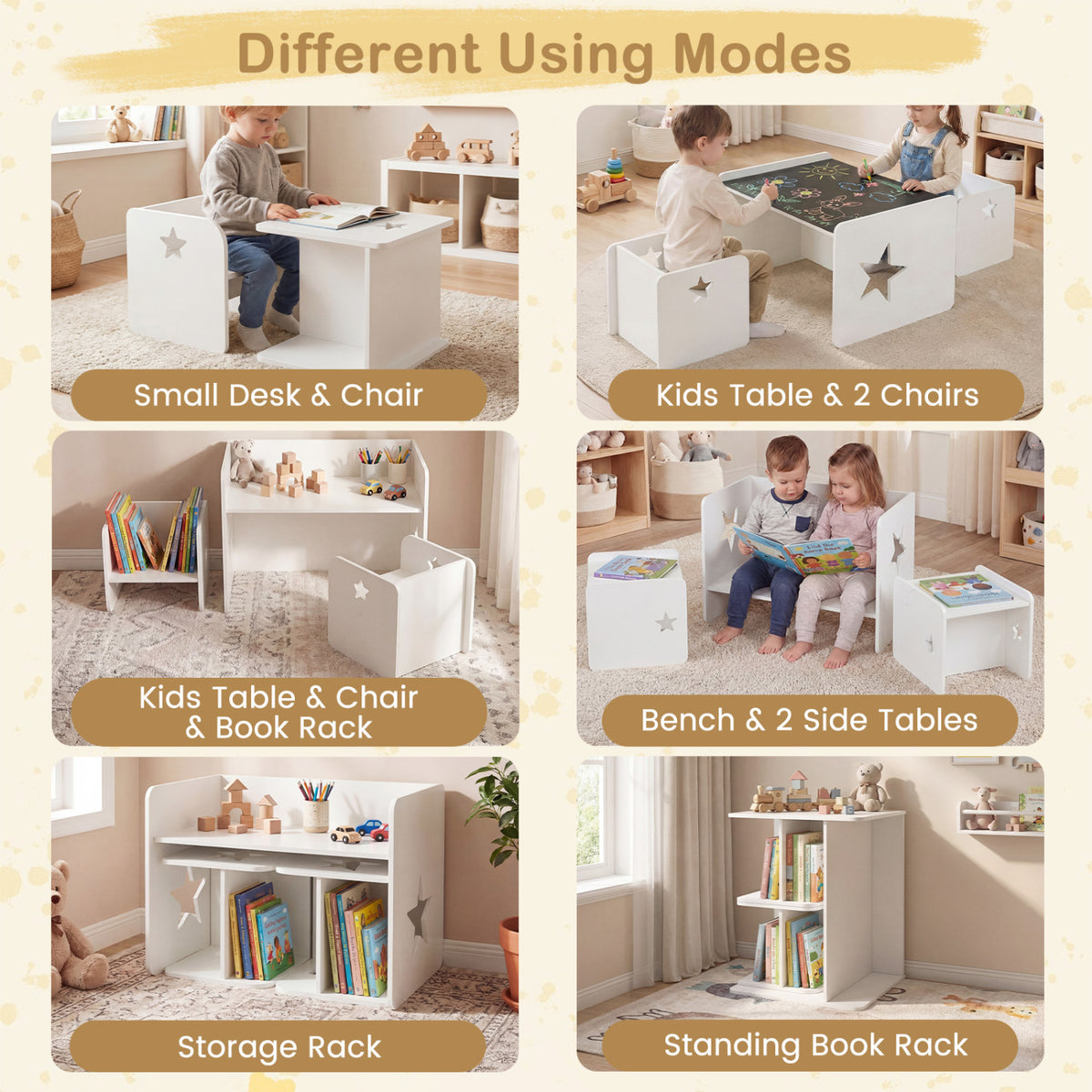 Kids Table and Chair Set with Chalkboard - Space-Saving Toddler Furniture, White, 3 Pieces
