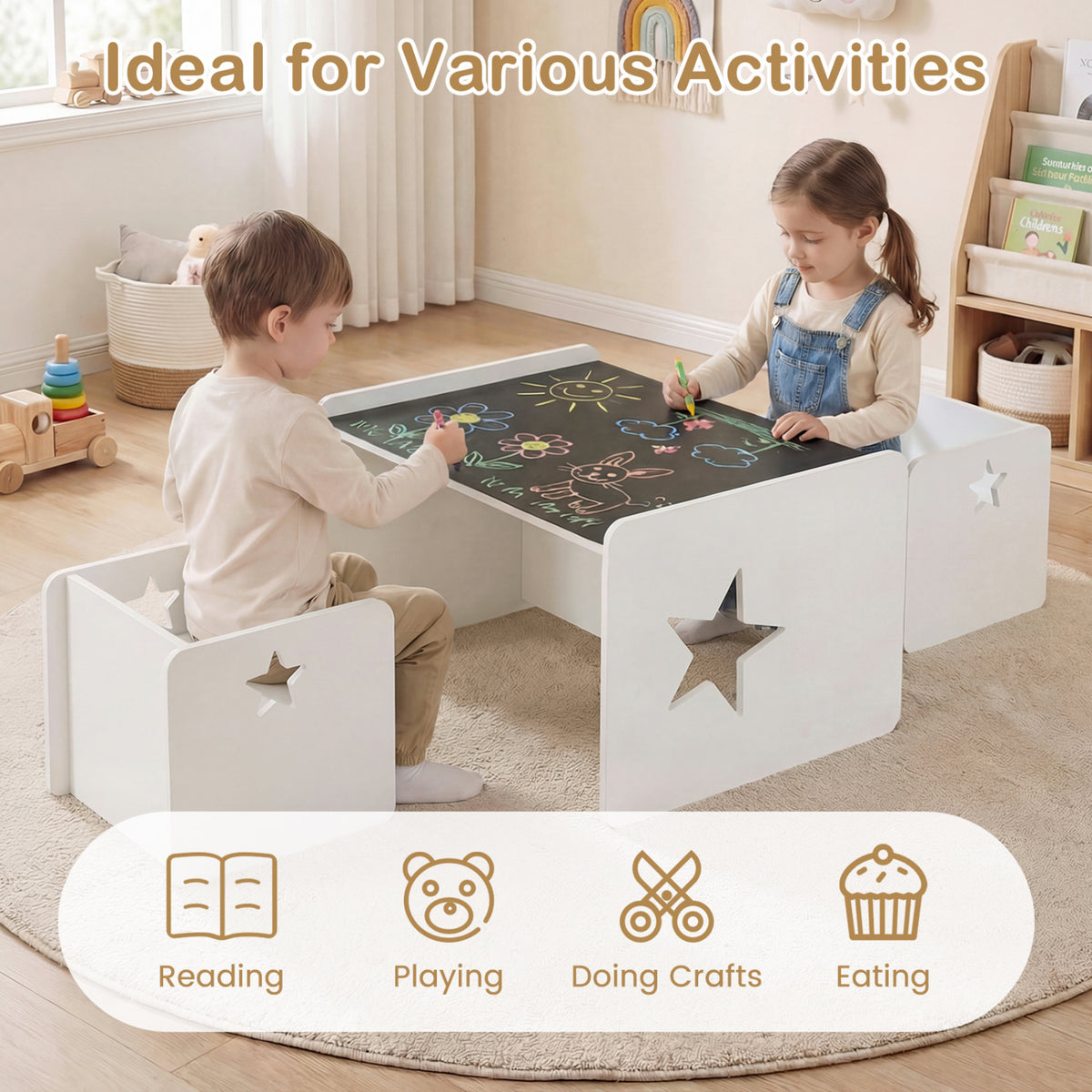 Kids Table and Chair Set with Chalkboard - Space-Saving Toddler Furniture, White, 3 Pieces