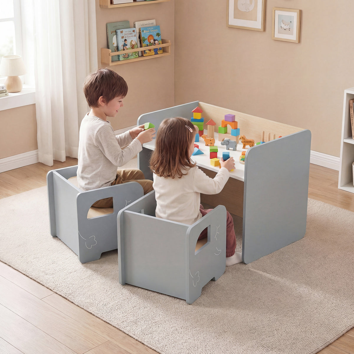 Kids Table and Chair Set with Space-saving Design - Gray, 3 Pieces