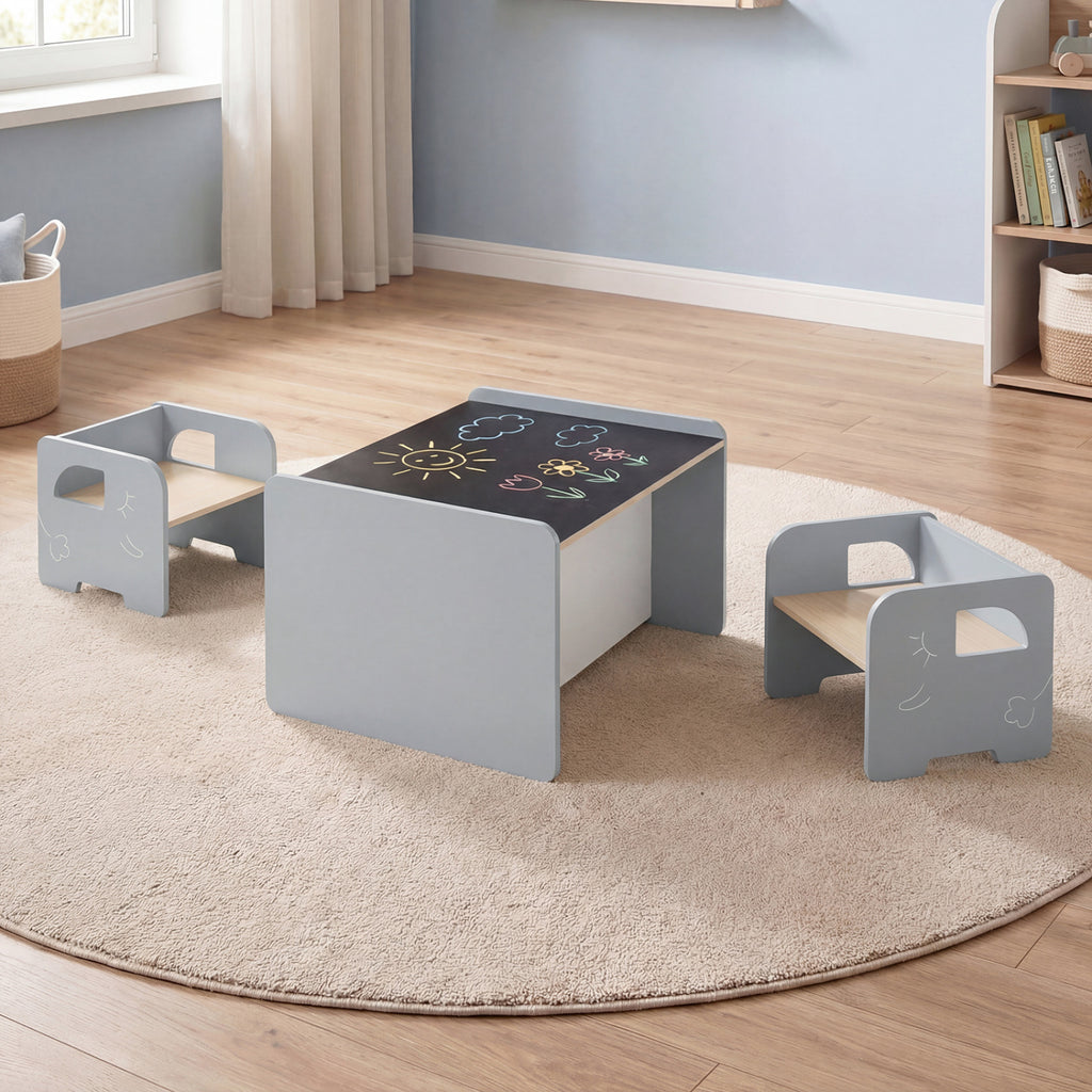 Kids Table and Chair Set with Space-saving Design - Gray, 3 Pieces