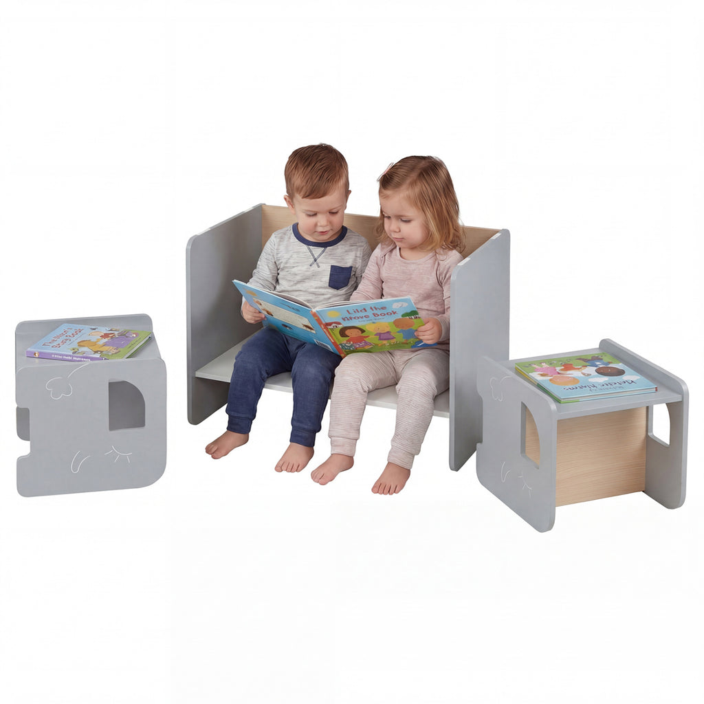 Kids Table and Chair Set with Space-saving Design - Gray, 3 Pieces
