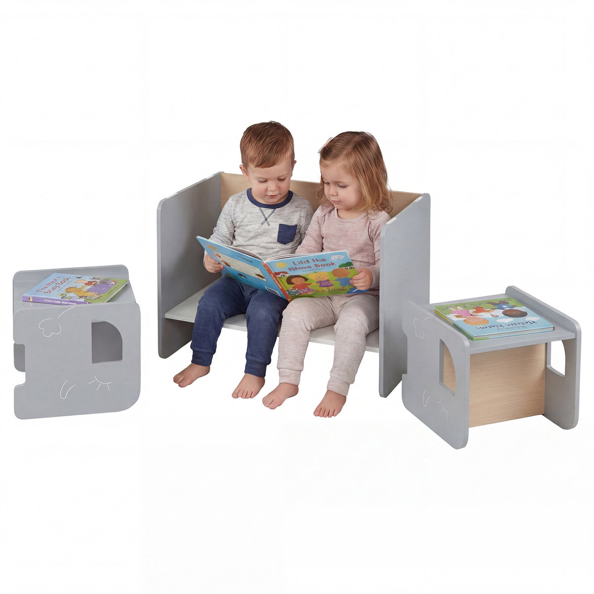 Kids Table and Chair Set with Space-saving Design - Gray, 3 Pieces