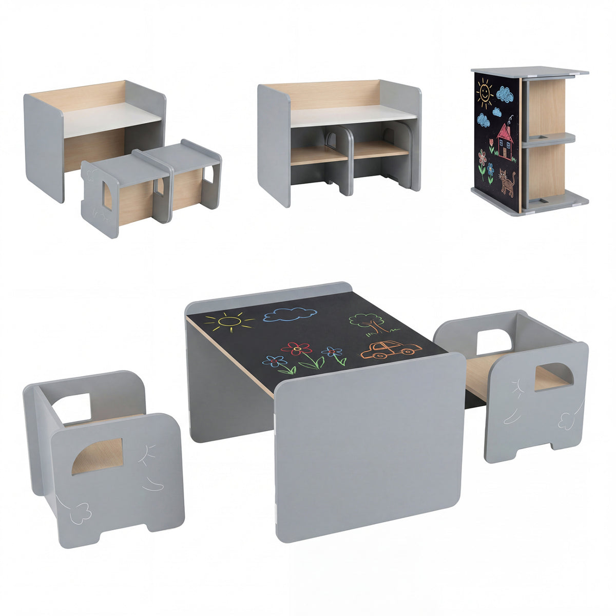 Kids Table and Chair Set with Space-saving Design - Gray, 3 Pieces