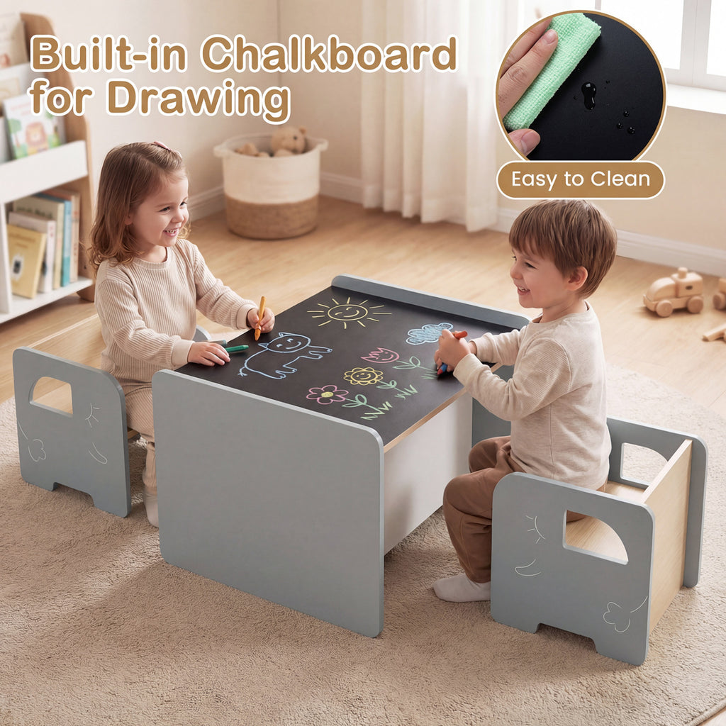 Kids Table and Chair Set with Space-saving Design - Gray, 3 Pieces