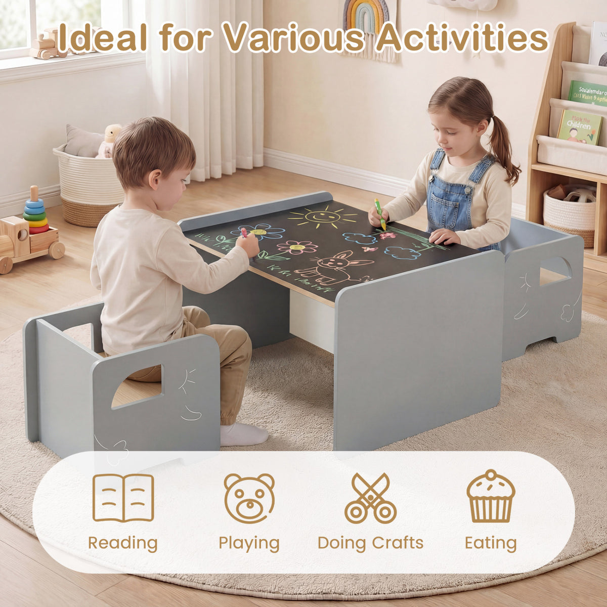Kids Table and Chair Set with Space-saving Design - Gray, 3 Pieces