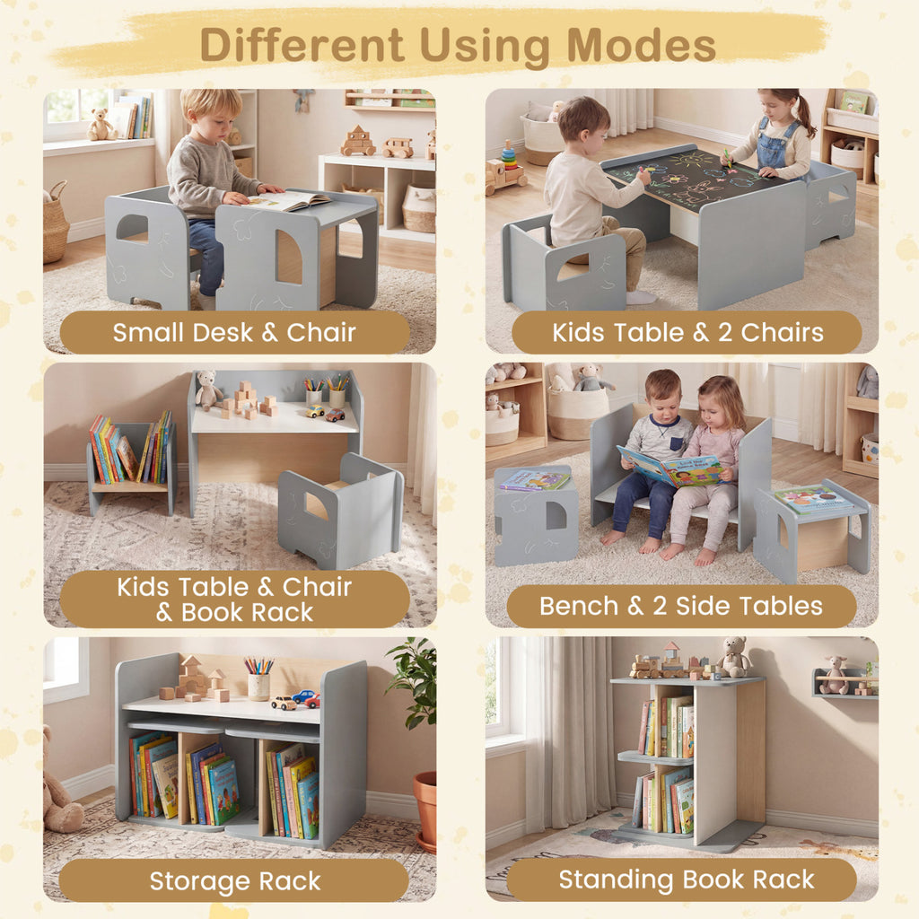 Kids Table and Chair Set with Space-saving Design - Gray, 3 Pieces