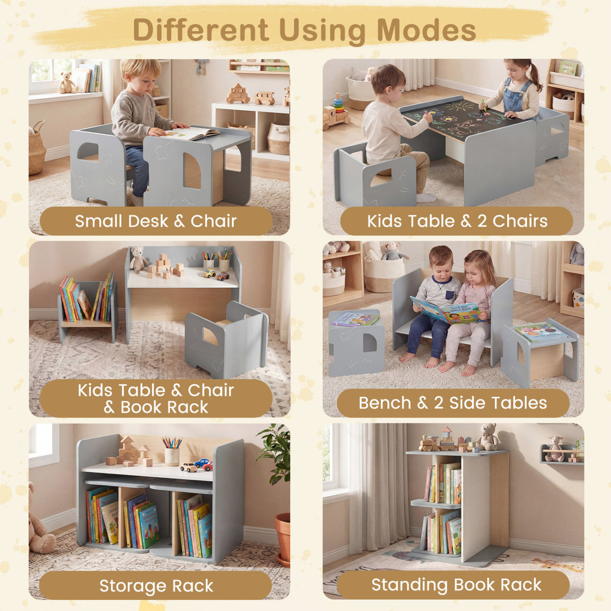 Kids Table and Chair Set with Space-saving Design - Gray, 3 Pieces