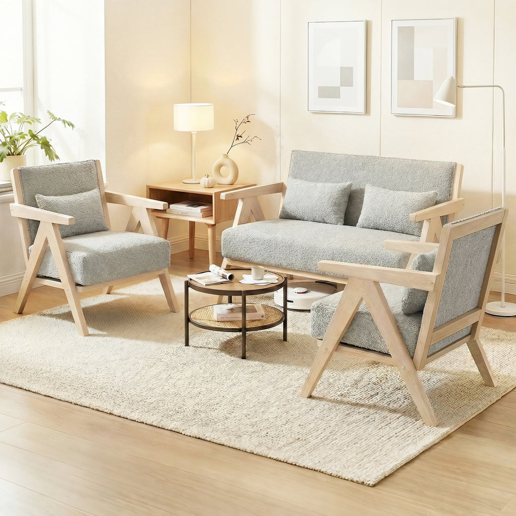 3-Piece Living Room Furniture Set with Rubber Wood Frame - Gray