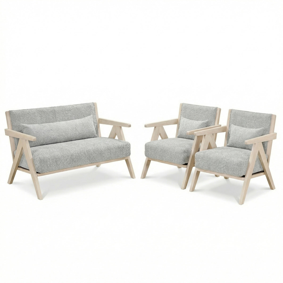 3-Piece Living Room Furniture Set with Rubber Wood Frame - Gray