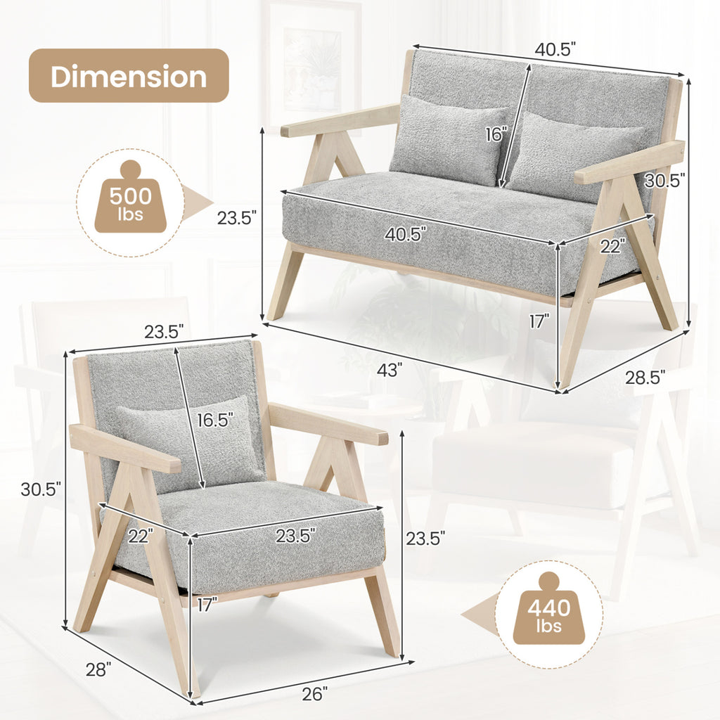 3-Piece Living Room Furniture Set with Rubber Wood Frame - Gray