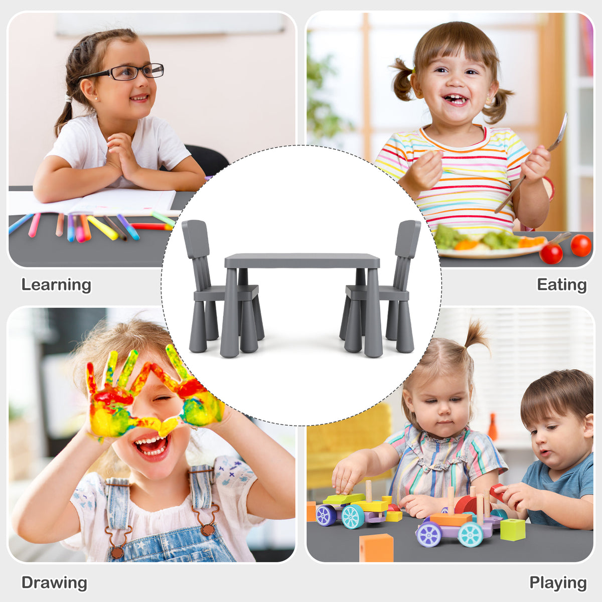 Kids Play Table and Chair Set - Gray, Multipurpose Childrens Furniture, 100 lbs Capacity