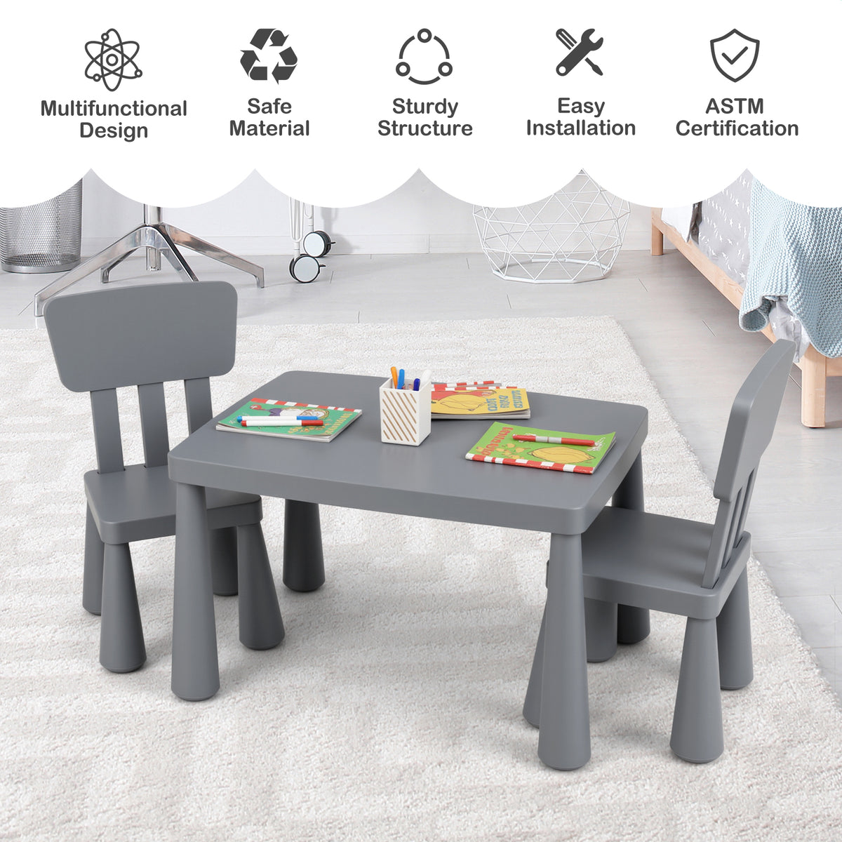 Kids Play Table and Chair Set - Gray, Multipurpose Childrens Furniture, 100 lbs Capacity