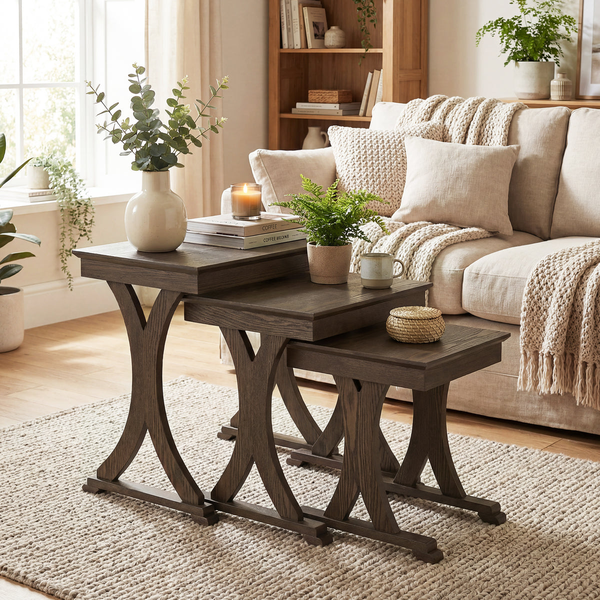 3-Piece Nesting Coffee Table Set with Rubber Wood Legs - Brown