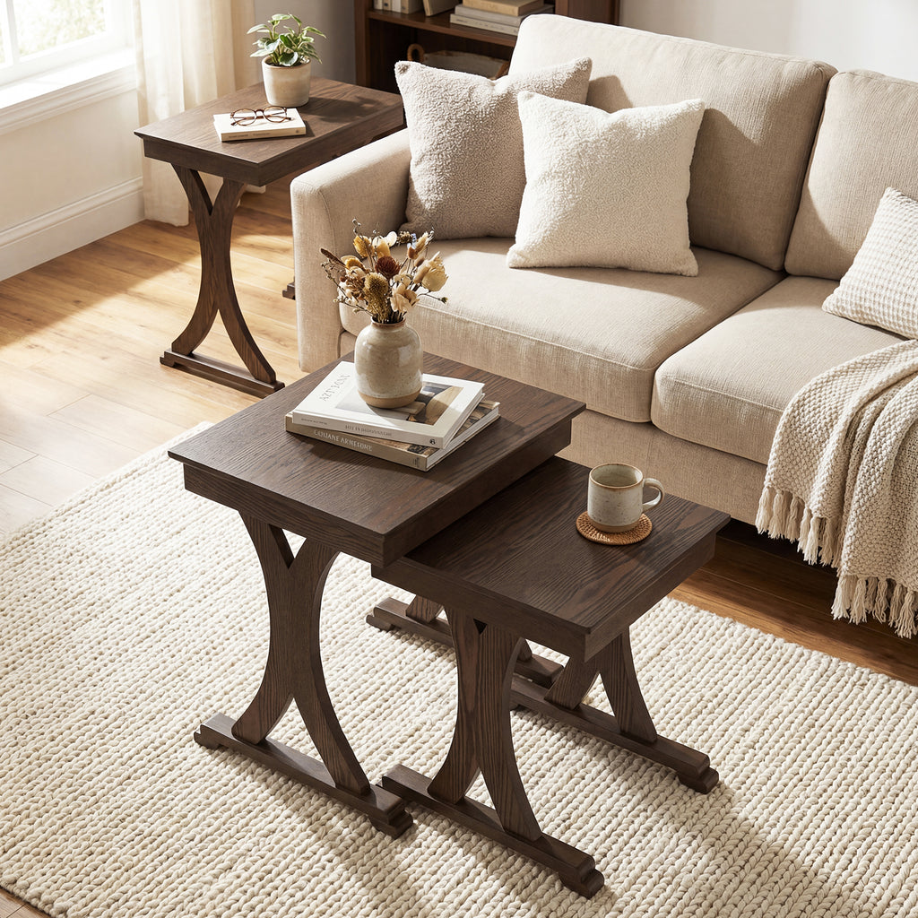 3-Piece Nesting Coffee Table Set with Rubber Wood Legs - Brown