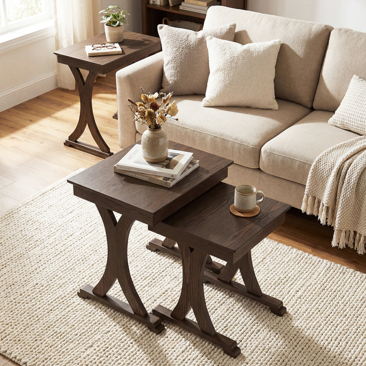 3-Piece Nesting Coffee Table Set with Rubber Wood Legs - Brown