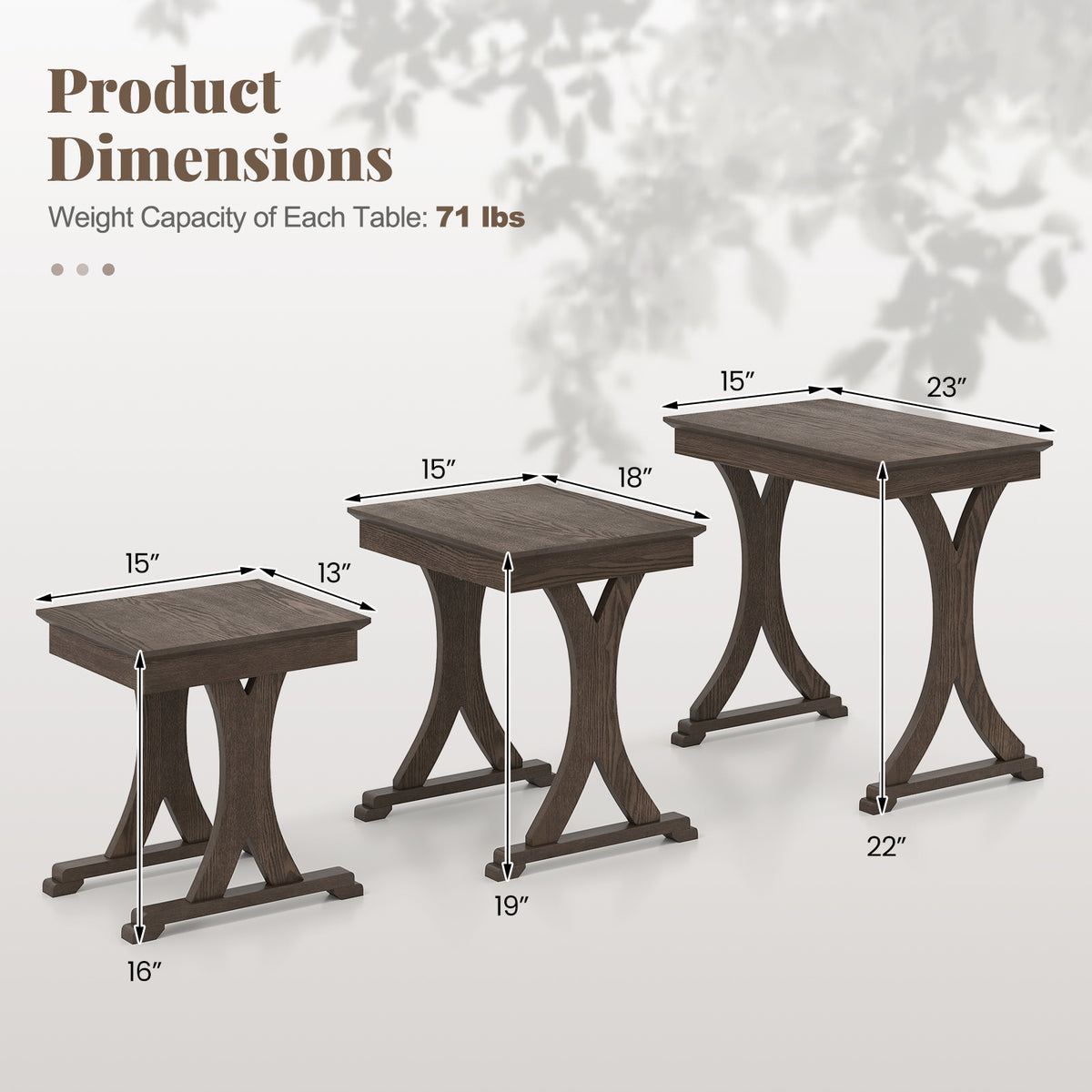 3-Piece Nesting Coffee Table Set with Rubber Wood Legs - Brown