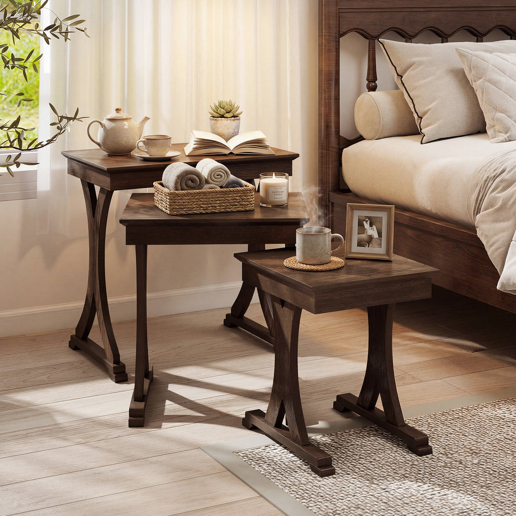 3-Piece Nesting Coffee Table Set with Rubber Wood Legs - Brown