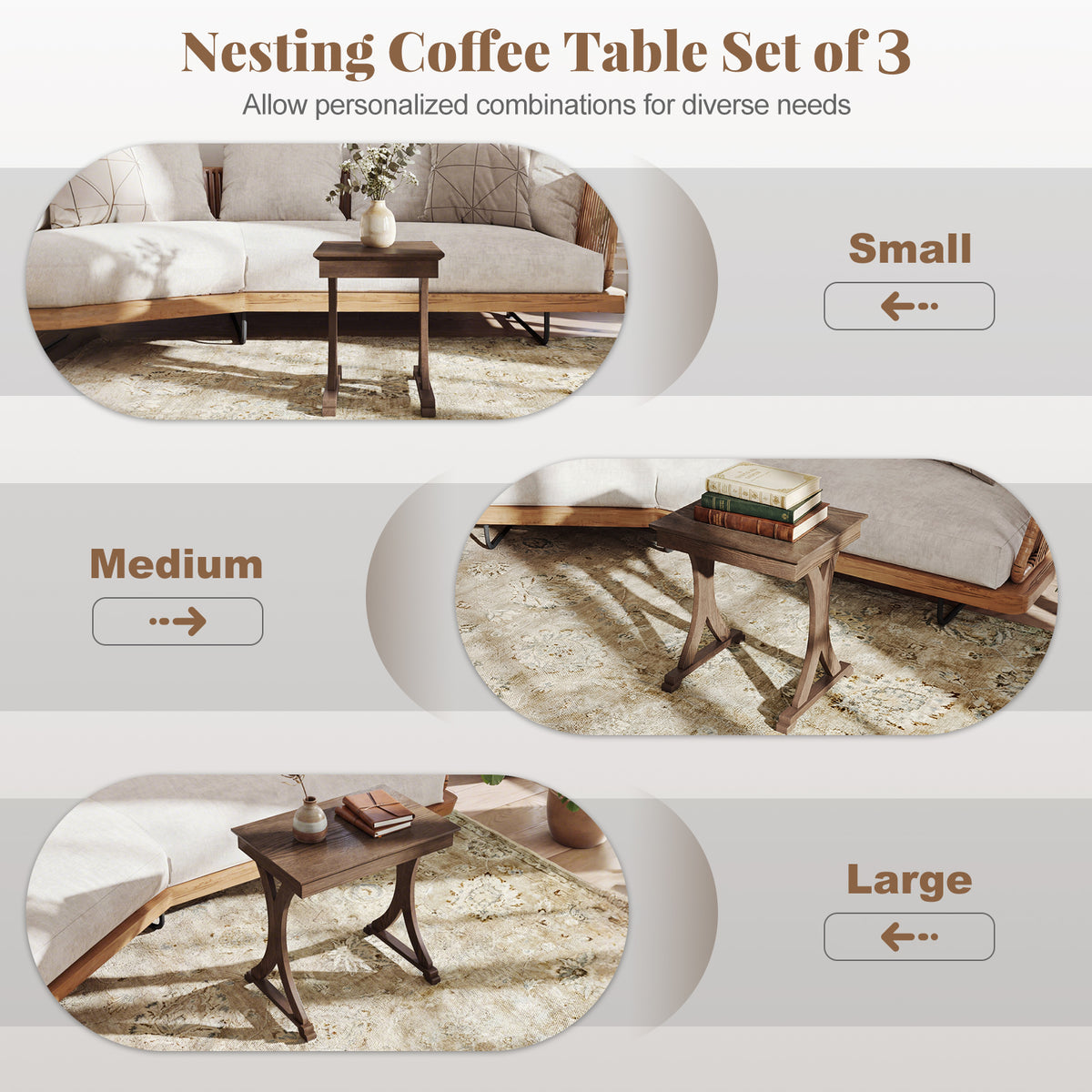 3-Piece Nesting Coffee Table Set with Rubber Wood Legs - Brown