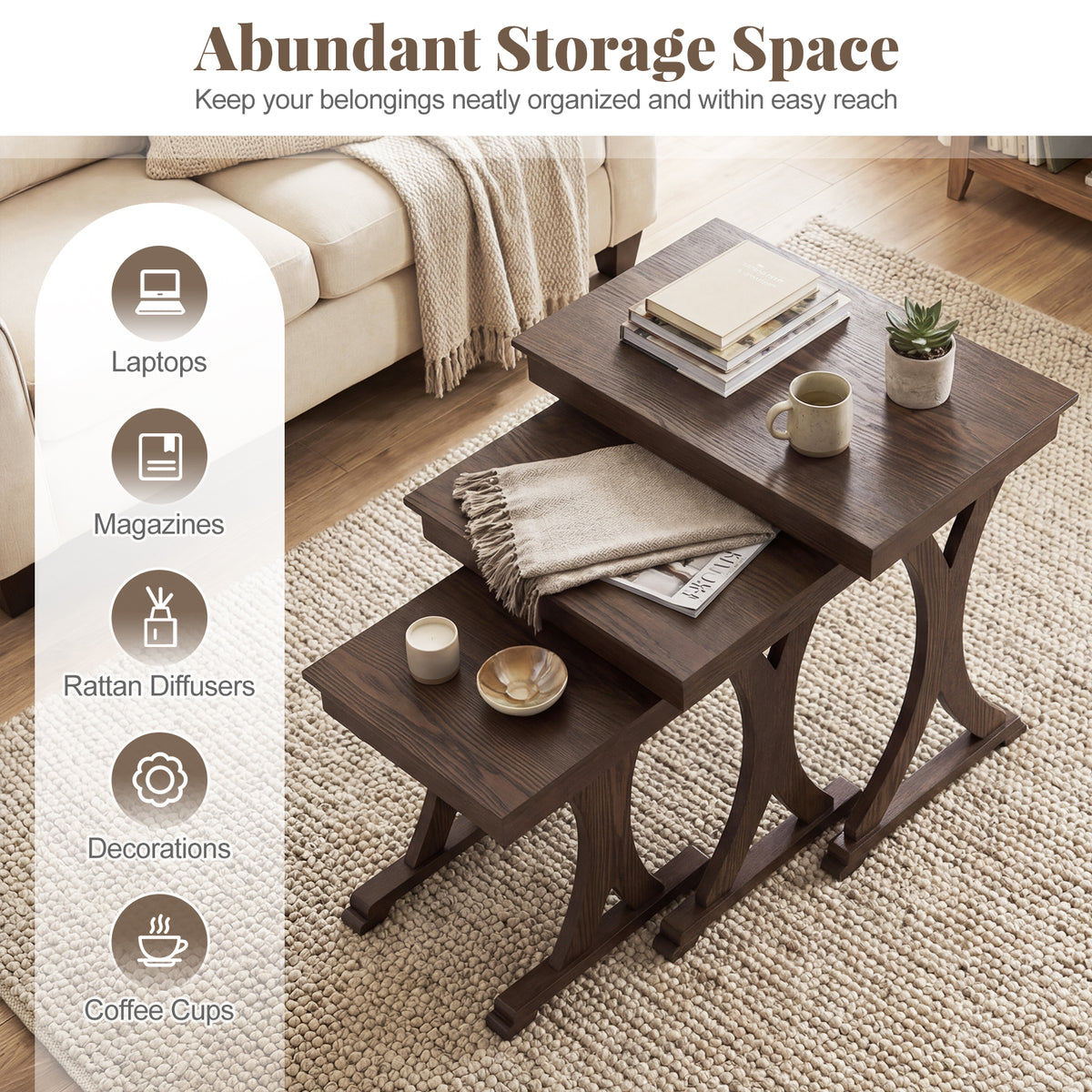 3-Piece Nesting Coffee Table Set with Rubber Wood Legs - Brown