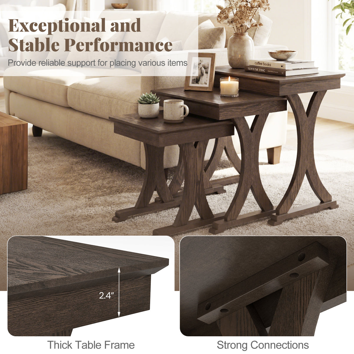 3-Piece Nesting Coffee Table Set with Rubber Wood Legs - Brown