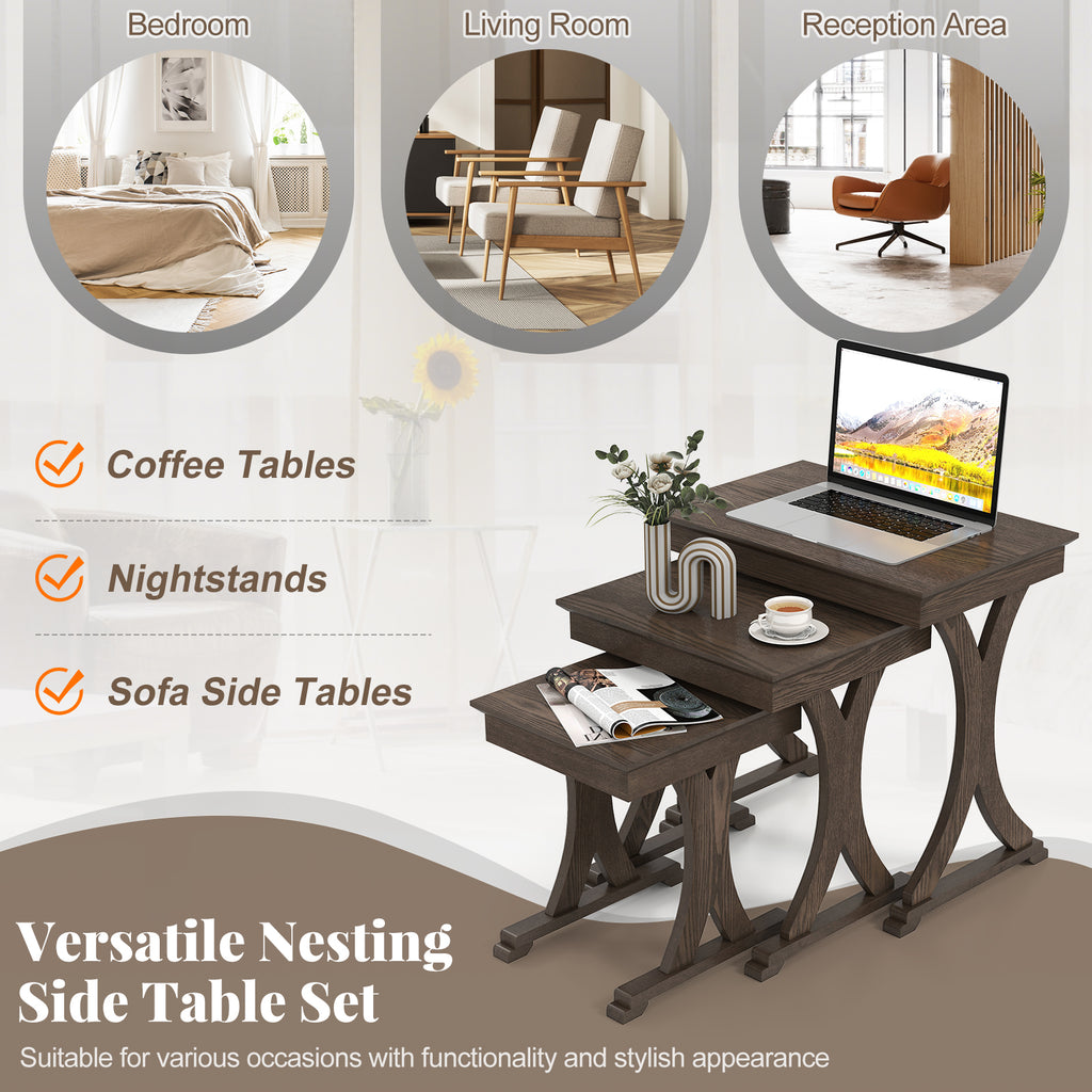 3-Piece Nesting Coffee Table Set with Rubber Wood Legs - Brown