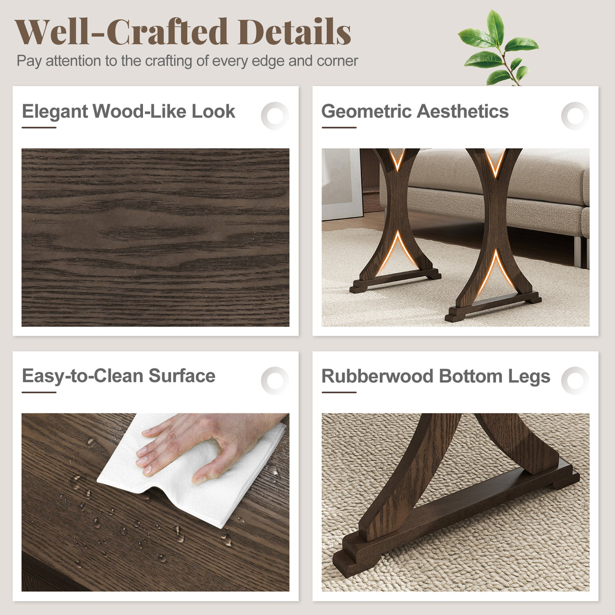 3-Piece Nesting Coffee Table Set with Rubber Wood Legs - Brown