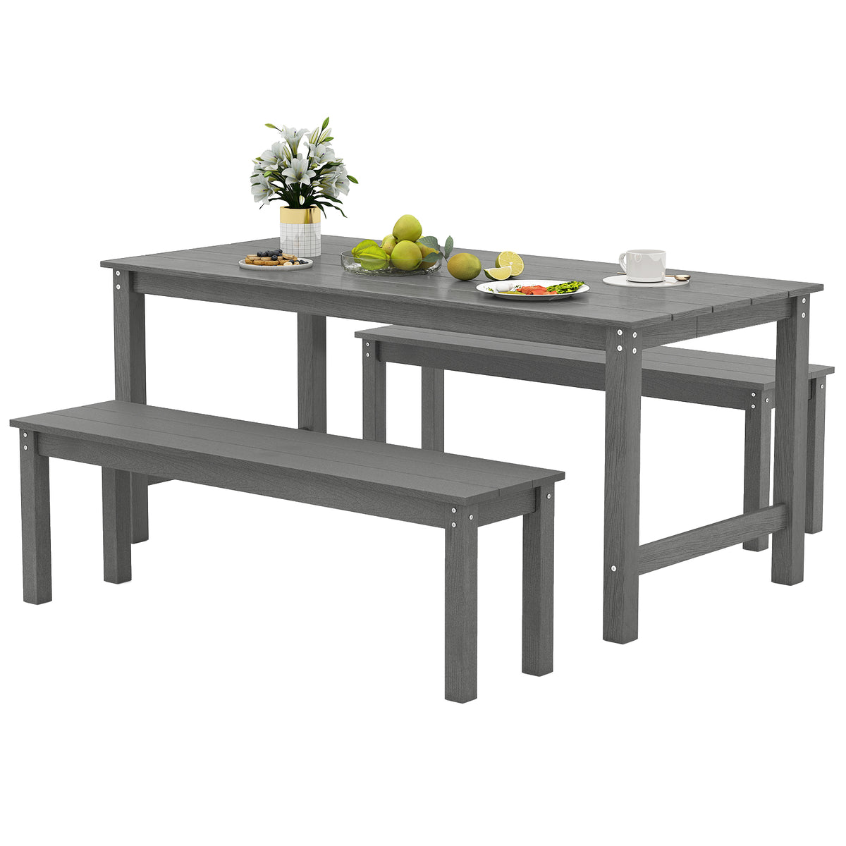 3-Piece Patio Dining Set with 2 Benches, Gray
