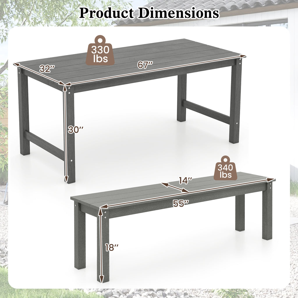 3-Piece Patio Dining Set with 2 Benches, Gray
