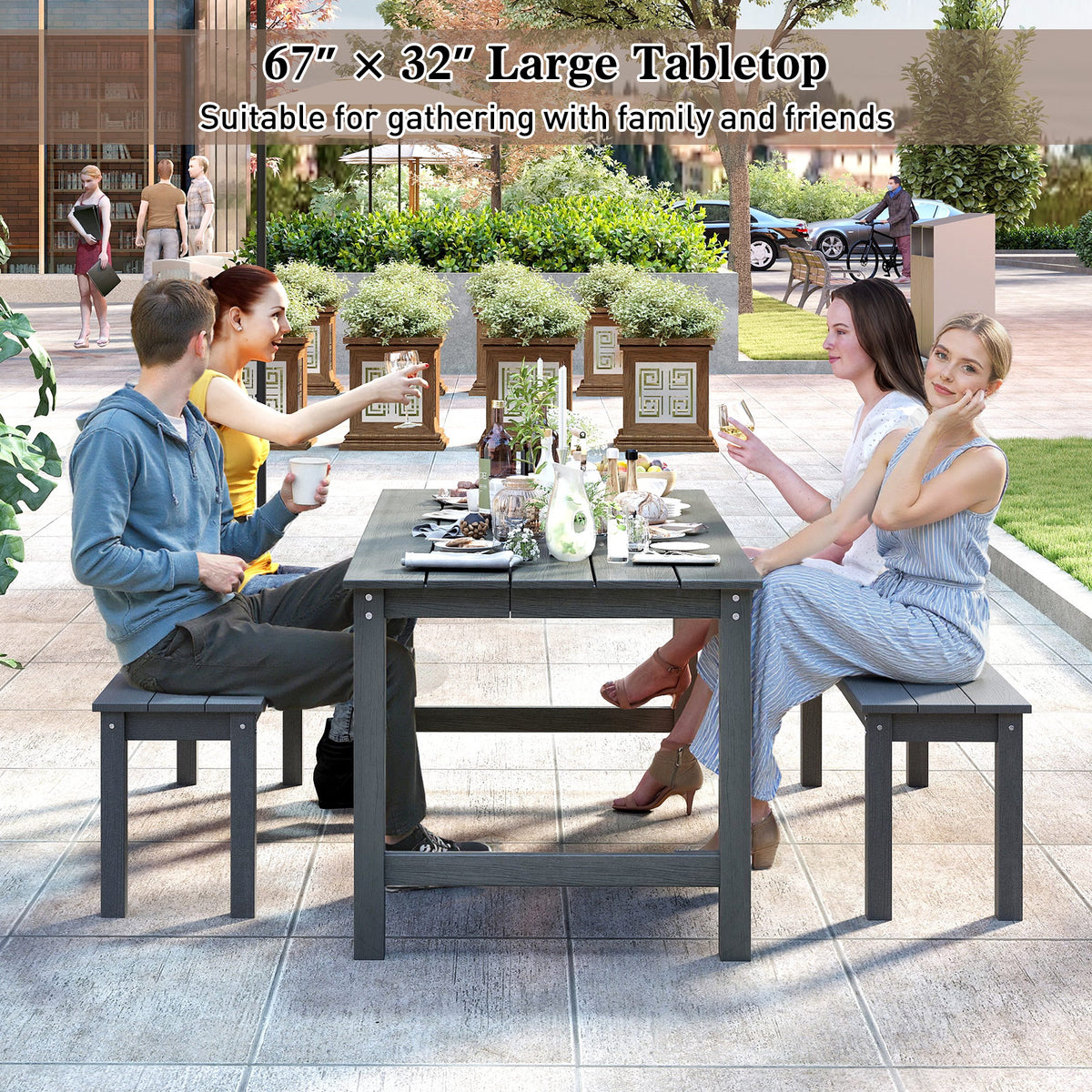 3-Piece Patio Dining Set with 2 Benches, Gray
