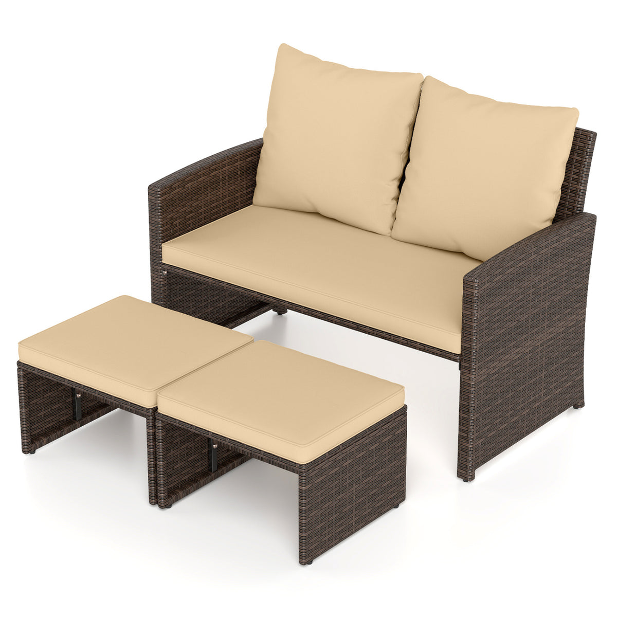 3 Pieces Outdoor Patio PE Wicker Furniture Set with Cushions